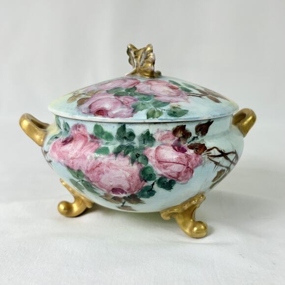 Vtg GDA Limoges France Gold Gilt Footed Porcelain Powder Dresser Jar Trinket Box - Picture 1 of 13